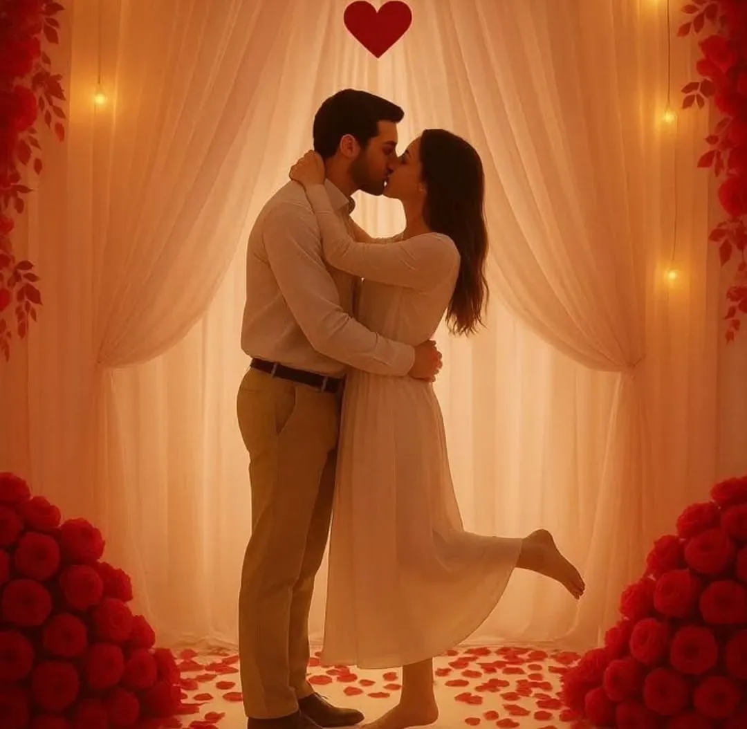 Un couple enlacé s'embrasse dans un décor de roses rouges et de lumières douces