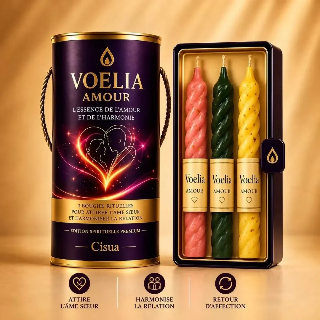 Coffret Voelia Amour et ses trois bougies rituelles rose, verte et dorée